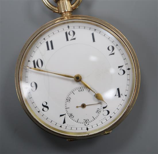 A 9ct gold open face pocket watch with Arabic numerals and subsidiary seconds.